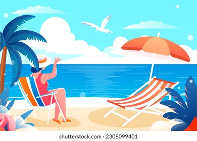 Summer, vacation by the sea with beach and plants in the background, vector illustration