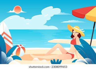 Sommer, Urlaub am Meer mit Strand und Pflanzen im Hintergrund, Vektorgrafik