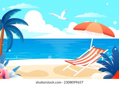 Summer, vacation by the sea with beach and plants in the background, vector illustration