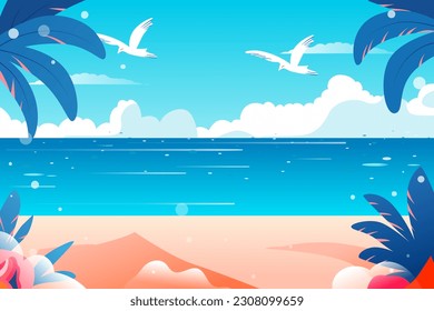 Summer, vacation by the sea with beach and plants in the background, vector illustration