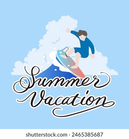 Summer vacation calligraphy and surfer illustration