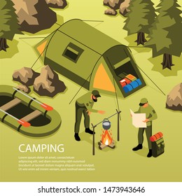 Summer vacation camping survival trip adventures isometric composition with tent boat campfire cooking in forest vector illustration 