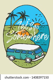 Summer vacation with camping van on the palm tropical beach and sunset background