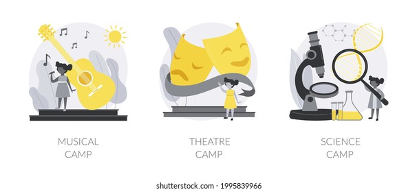 Summer vacation camps abstract concept vector illustration set. Musical, theatre and science camp, playing instrument, drama school, laboratory experiment, young talent, lessons abstract metaphor.