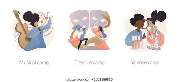 Summer vacation camps abstract concept vector illustration set. Musical, theatre and science camp, playing instrument, drama school, laboratory experiment, young talent, lessons abstract metaphor.