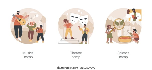 Summer vacation camps abstract concept vector illustration set. Musical, theatre and science camp, playing instrument, drama school, laboratory experiment, young talent, lessons abstract metaphor.