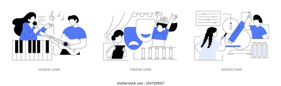 Summer vacation camps abstract concept vector illustration set. Musical, theatre and science camp, playing instrument, drama school, laboratory experiment, young talent, lessons abstract metaphor.