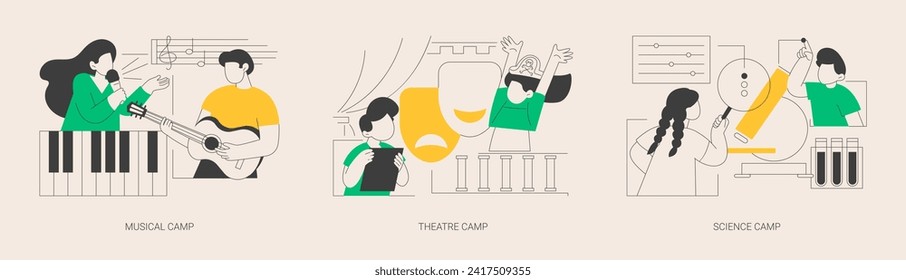 Summer vacation camps abstract concept vector illustration set. Musical, theatre and science camp, playing instrument, drama school, laboratory experiment, young talent, lessons abstract metaphor.