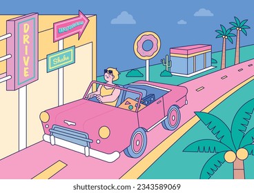 summer vacation car trip. A woman in a convertible is driving down a funky road with neon signs.