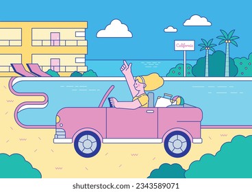 summer vacation car trip. A woman in a convertible came on vacation to a hotel with a swimming pool.