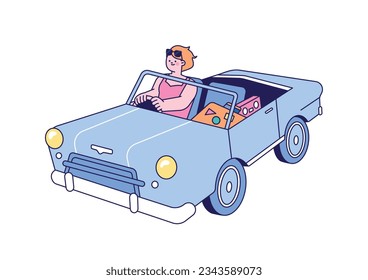 summer vacation car trip. A woman is driving a convertible with a suitcase.