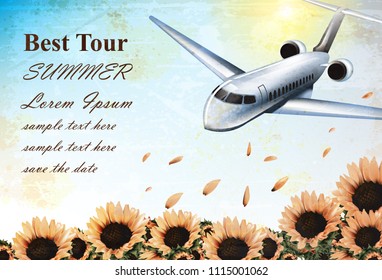 Summer Vacation card with tropic plane flying over sunflowers field Vector. Travel card exotic destination template banner