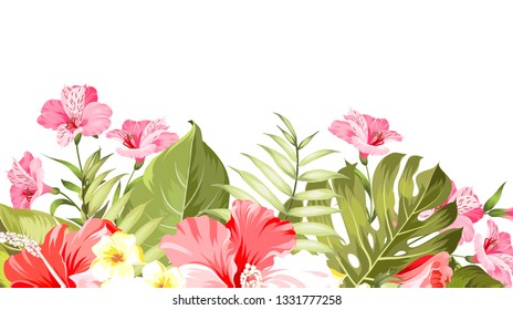 Summer vacation card. Tropical flowers of plumeria and hibiscus at the label. Tropical palm branches with text space on the top of the image. Vector illustration.