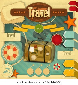 Summer Vacation Card in Vintage Style. Retro Travel Postcard with Summer Items in Old Style. Design Elements. Vector Illustration.