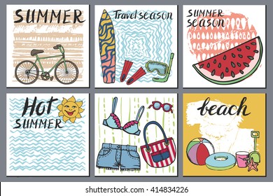 Summer vacation cards.Doodles Vector hand drawing Beach party,travel symbols,vacation icons.Summertime season,retro holiday textured background.Fashion clipart,Sketch, illustration