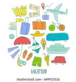 Summer vacation cartoon colorful doodle drawings including  elements: transport; suitcases and different beach stuff. Traveling illustration for your design.