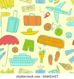 Summer vacation cartoon colorful doodle pattern including  elements: transport; suitcases and different beach stuff. Traveling background for your design.