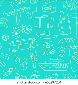 Summer vacation cartoon doodle pattern including  elements: transport; suitcases and different beach stuff. Traveling background for your design.