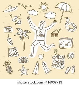 Summer vacation cartoon drawings including doodle running man, map, palm, camera, swimwear, sunglasses and different  beach stuff. Summer illustration for your design.