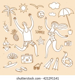 Summer vacation cartoon drawings including doodle pair playing volleyball, map, palm, camera, swimwear, sunglasses and different  beach stuff. Summer illustration for your design.