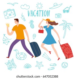 Summer vacation cartoon drawings including pair running with suitcase and doodle elements: palm; camera;  sunglasses and different; beach stuff. Traveling illustration for your design.