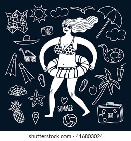 Summer vacation cartoon drawings with woman in swimsuit and doodle elements including  map, palm, camera, swimwear, sunglasses and different  beach stuff.