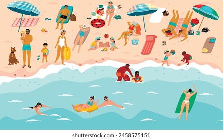 Ilustración de dibujos animados de vacaciones de verano con personas que se relajan en la playa del mar. Familias con niños, parejas jóvenes, mujeres y hombres. Diseño de Vector con tomar el sol, nadar y jugar personajes.