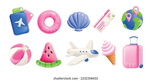Summer vacation cartoon set of globe seashell airplane tickets tropical fruits ice cream lifebuoy isolated icons vector illustration