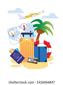 Summer Vacation Cartoon with Travel Essentials and Tourism Items. Summertime, Holidays and Vacation. Traveling Objects. Flat Vector Illustration. Lifebuoy, Passport, Tickets, Camera, Map, Bags