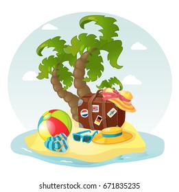 Summer, vacation, cartoon vector illustration with palm, suitcase, beach ball, sand, beach, beach slippers