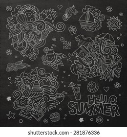 Summer and vacation chalkboard hand drawn vector symbols and objects