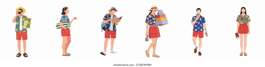 Summer vacation characters set: tourists traveling, exploring, and enjoying leisure activities in Hawaiian shirts and shorts.
