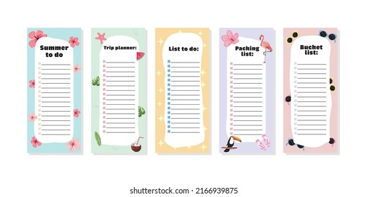 Summer vacation check lists, planners. Cartoon planner summer collection for decorative design. Cute stationery, planner template set.