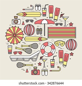 Summer vacation circle concept in thin lines style design. Beach umbrella, lifebuoy, diving, equipment, towel, ocean, supplie, landscape. Vector abstract template for greeting card or invitation