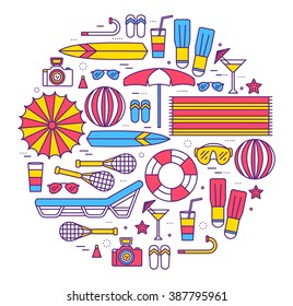 Summer vacation circle concept in thin lines style design. Beach umbrella, lifebuoy, diving, equipment, towel, ocean, supplies, landscape. Vector abstract template for greeting card or invitation