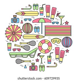 Summer vacation circle concept in thin lines style design. Beach umbrella, lifebuoy, diving, equipment, towel, ocean, supplie, landscape. Vector abstract template for greeting card or invitation