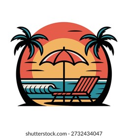 Summer vacation circular emblem design. Vector illustration of a tropical beach scene with sunset, palm trees, ocean waves, beach umbrella, and lounge chair. Isolated badge for travel logo.