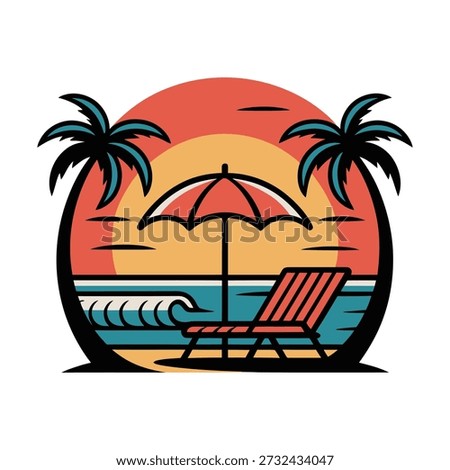 Summer vacation circular emblem design. Vector illustration of a tropical beach scene with sunset, palm trees, ocean waves, beach umbrella, and lounge chair. Isolated badge for travel logo.