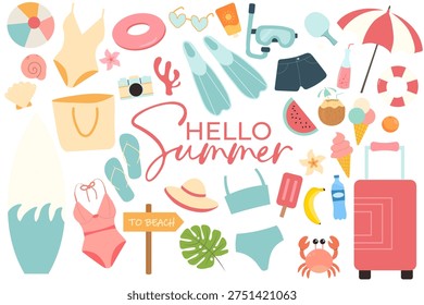 Summer vacation clipart set with beach accessories and travel objects. Cute flat vector illustration with swimsuit, flip flops, beach umbrella, sunglasses, suitcase, snorkel mask, watermelon, ice cream, tropical leaves, crab and other summer elements isolated on white background.