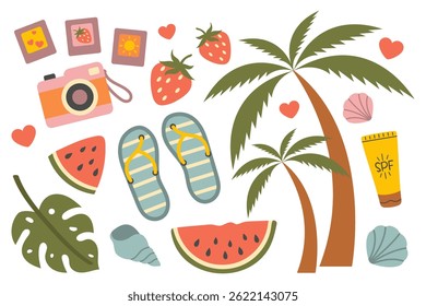Clipart de férias de verão. Elementos vetoriais tropicais com palmeiras, melancia, morangos, câmera, chinelos, SPF Cream e conchas. Design plano para viagens, férias, decoração de praia.