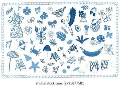 Summer vacation coastal hand drawn elements set in blue color. Tropical vector illustration collection in scribble sketch drawing Crab, sea shells, lobster, flowers, bows, whimsical beach design.