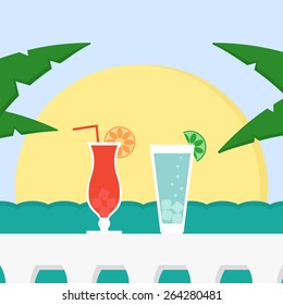 Summer vacation. Vacation with cocktails, sun and sea. Sunset on the sea. Flat vector illustration. 
