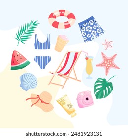 Summer vacation collection, summer beach colorful set vector illustration