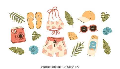 Summer vacation collection. Elements for beach travel set. Sea holidays accessories. 