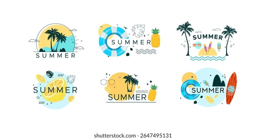 Summer vacation collection in flat design style with beach elements like sun, sea, surfboard, and pineapple. Ideal for travel agencies, seasonal banners, Perfect for summer events, summer holidays