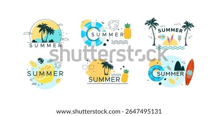 Summer vacation collection in flat design style with beach elements like sun, sea, surfboard, and pineapple. Ideal for travel agencies, seasonal banners, Perfect for summer events, summer holidays