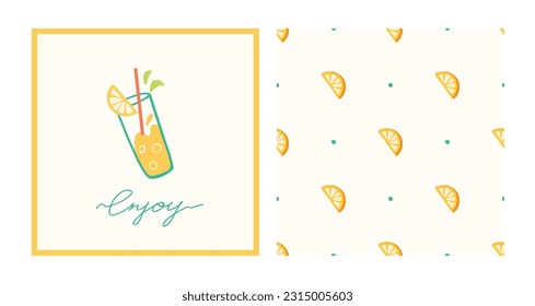 Summer vacation collection. Hand drawn lemonade vector set. Enjoy typography slogan. Colorful seamless pattern with lemon slices and dots on white background