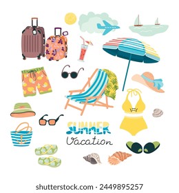 Summer vacation collection of objects symbolizing travel and relaxation by the sea.Suitcases, beach chair, flip flops, clothes, shells,glasses.Isolated vector design for use in card,banner,poster.