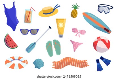 Colección de verano. Conjunto de objetos de playa, ropa, frutas, equipos de deportes acuáticos. Traje de baño, gafas de sol, chanclas, sandía, protector solar, tabla de surf. Vector aislado sobre fondo blanco. 