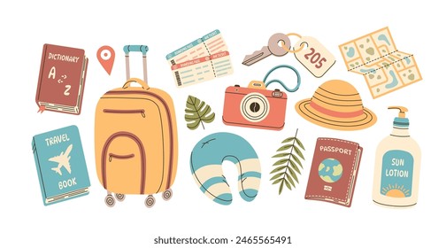 Summer vacation collection. Travel elements set. Tourist stuff